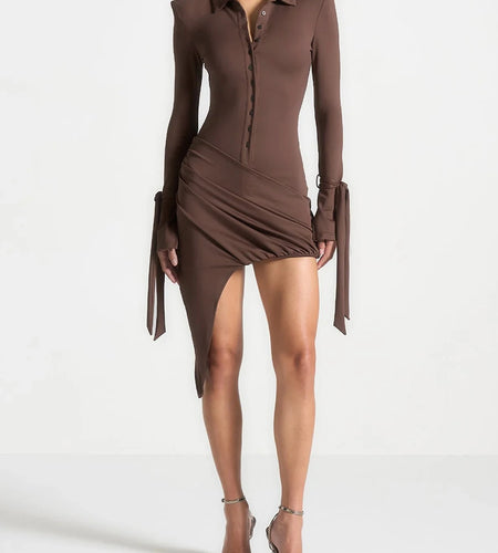 Slimming Spliced Single Breasted Mini Dresses for Women Lapel Long Sleeves Patchwork Folds Irregualr Dress Female