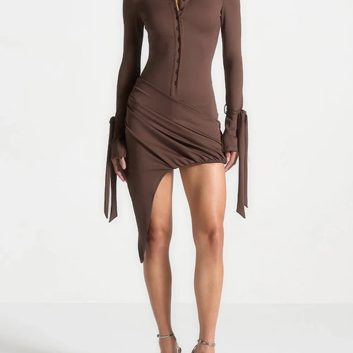 Load image into Gallery viewer, Slimming Spliced Single Breasted Mini Dresses for Women Lapel Long Sleeves Patchwork Folds Irregualr Dress Female
