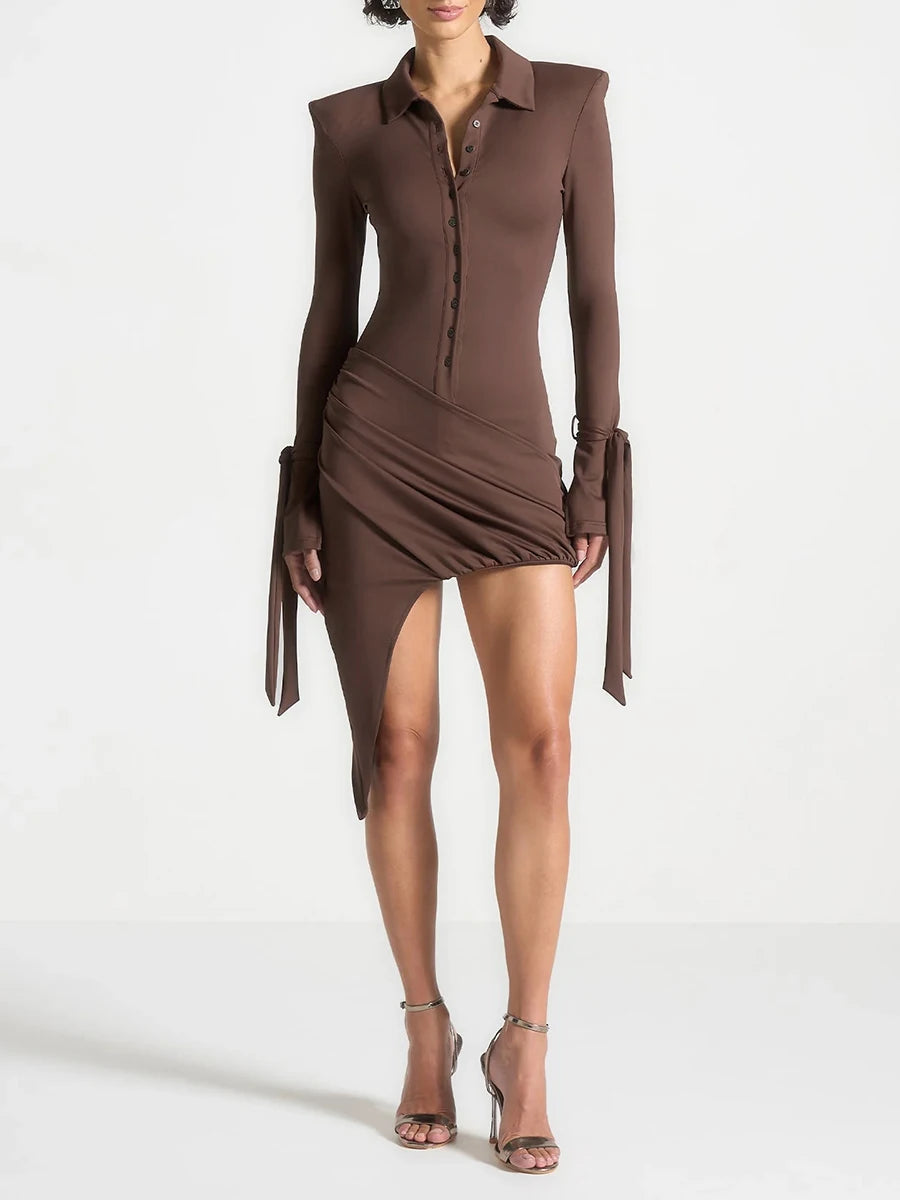 Slimming Spliced Single Breasted Mini Dresses for Women Lapel Long Sleeves Patchwork Folds Irregualr Dress Female