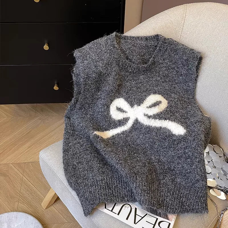 Knitted Sweater Vest 2024 Women Clothing O-neck Sleeveless Bow Waistcoat Y2k Tops Causal Fashion Vintage Crop Tanks Ropa Mujer
