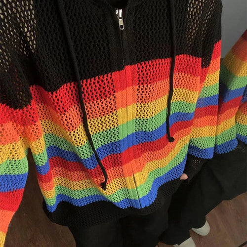 Load image into Gallery viewer, Vintage Striped Cardigan Hollow Out Y2k Aesthetic Hooded Drawstring Sweater Coat Harajuku Zipper Kardigany Jumper Pull Femme
