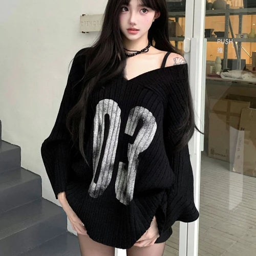 Load image into Gallery viewer, Casual Grunge Harajuku Knitted Sweaters 2025 Off Shoulder Black Letter Printing Jumpers Y2k Aesthetic Vintage Loose Pullovers
