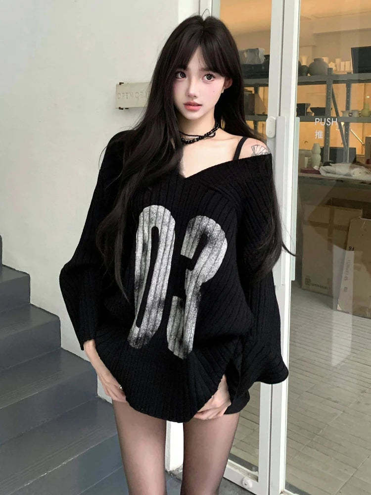 Casual Grunge Harajuku Knitted Sweaters 2025 Off Shoulder Black Letter Printing Jumpers Y2k Aesthetic Vintage Loose Pullovers