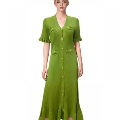 Load image into Gallery viewer, Women Solid V Neck Ruffles Edge Knitted Single Breasted Dress Fashion Spring Summer Short Sleeves Festival Long Dress Simplicity
