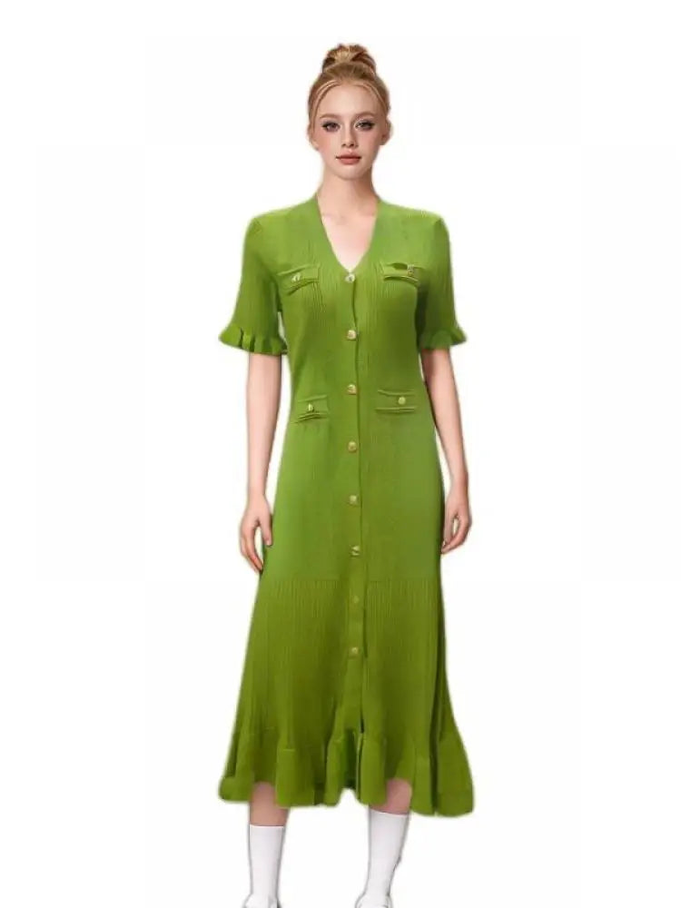 Women Solid V Neck Ruffles Edge Knitted Single Breasted Dress Fashion Spring Summer Short Sleeves Festival Long Dress Simplicity