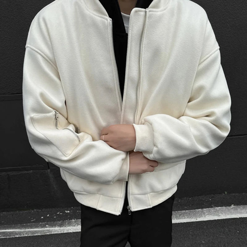 American Style Men's Jacket Back Embroidery Design Letter Round Collar Zipper Patchwork Woolen Loose Male Top Winter 9C9087