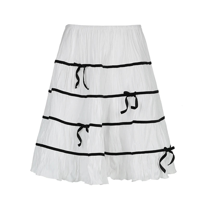 Sweet Cutecore Bow Loose Boho Maxi Skirt Women Stripe Stitching A-Line Midi Skirt Coquette Clothing Shirred Contrast