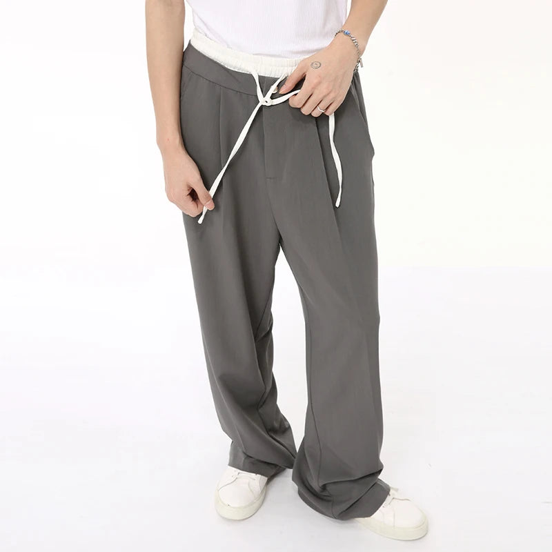 Niche Style Men's Pants Pair Of Trousers Lace-up Straight Suit Bottom Wide Leg Solid Color Menwear Trend 9C6586