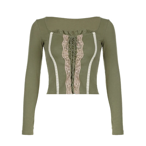 Load image into Gallery viewer, Vintage Green Lace Spliced Bodycon Women Tee Shirts Cute Y2K Outfits Tie Up Ruffles Fairycore Autumn T shirt Top Slim
