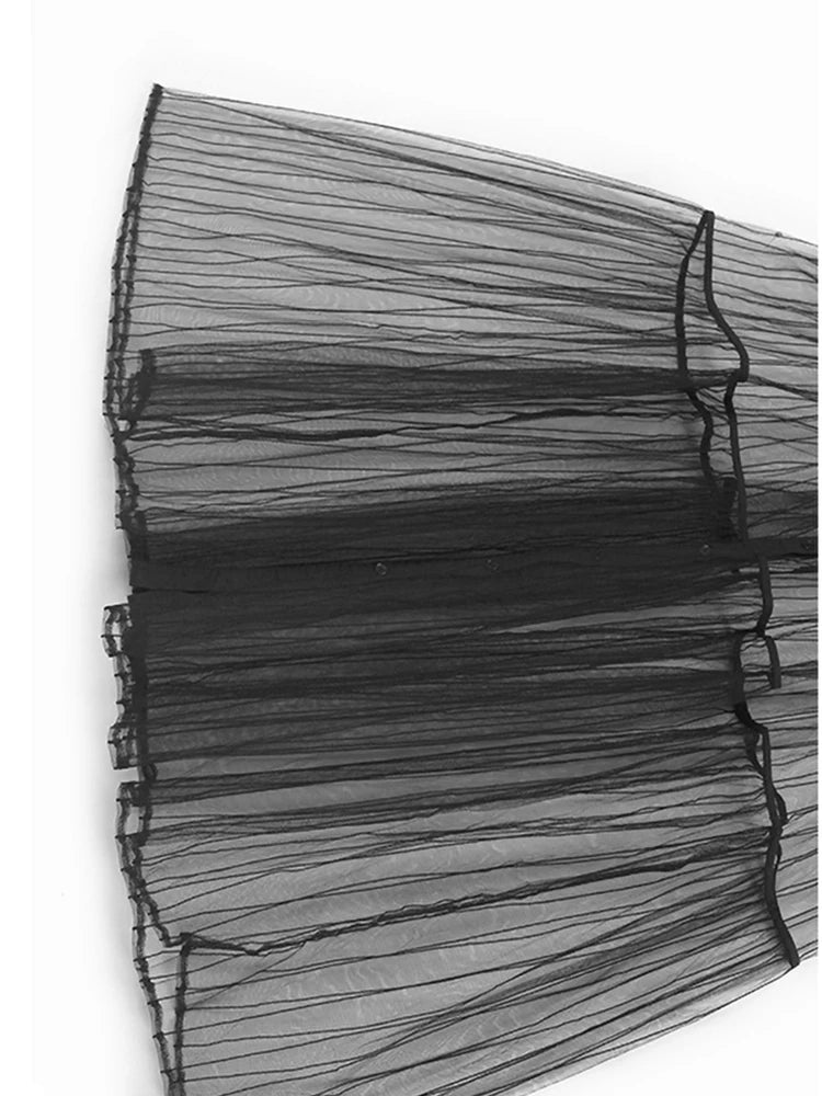 Women Black Mesh Perspective Midi Elegant Shirt Dress New Lapel Short Sleeve Fashion Tide Spring Summer 2025 1DJ0866