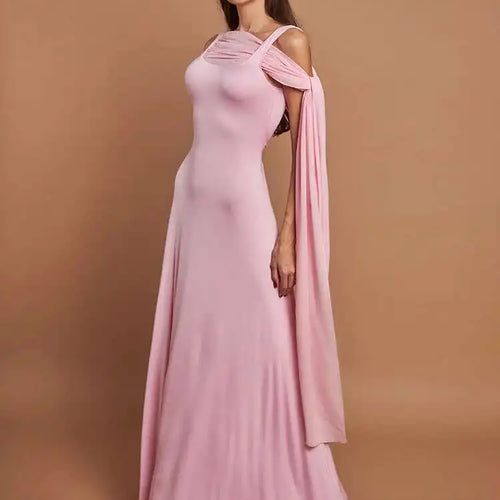 Load image into Gallery viewer, Pink Cape Sleeve Sexy Maxi Dress For Women Off-shoulder Backless Gown Elegant Skew Collar Lace-up Long Dress Vestido
