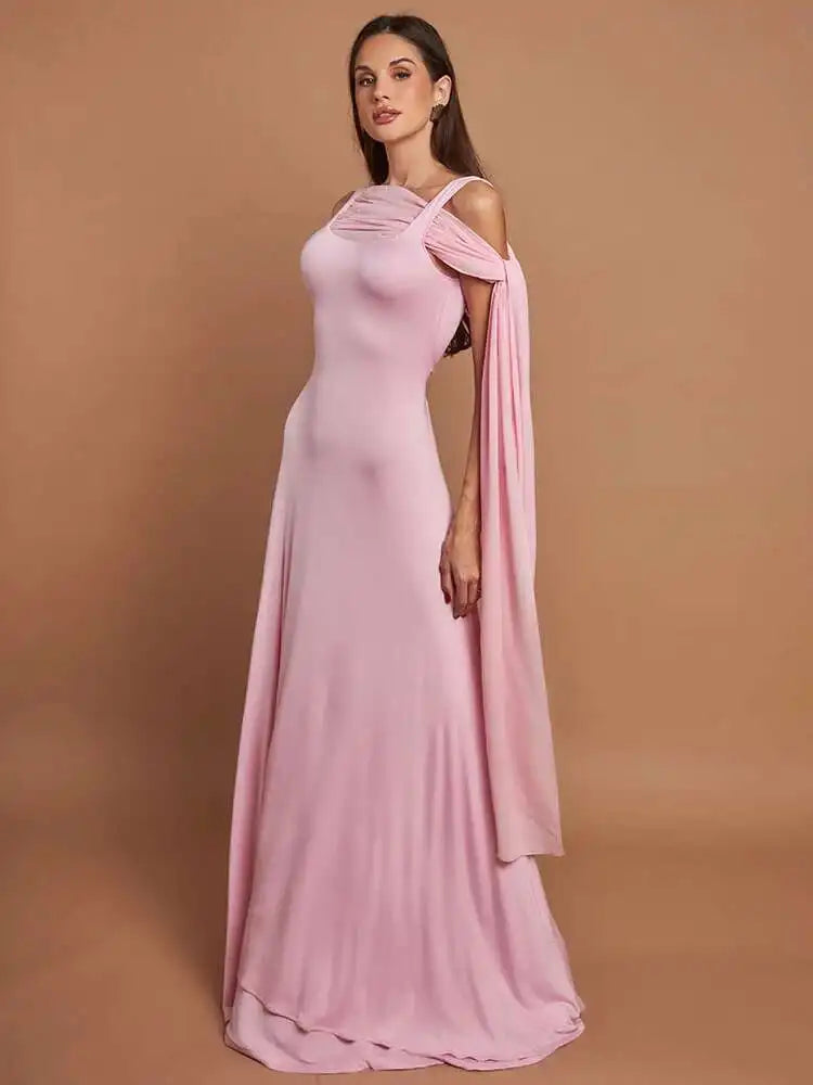 Pink Cape Sleeve Sexy Maxi Dress For Women Off-shoulder Backless Gown Elegant Skew Collar Lace-up Long Dress Vestido