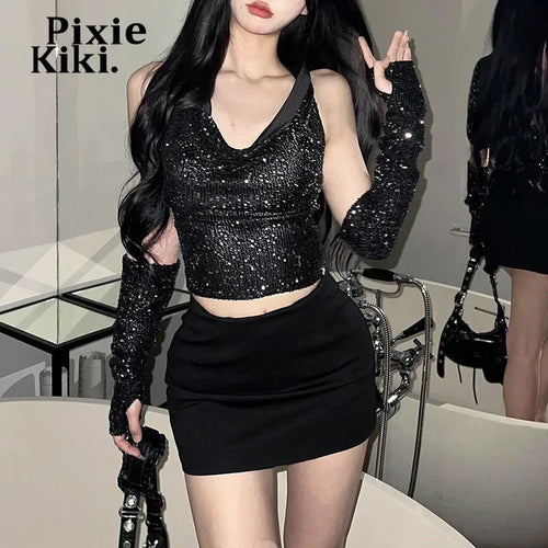 Load image into Gallery viewer, Sparkling Sequin Y2k Tank Tops Black Hooded Deep V Backless Crop Top with Arm Sleeves Streetwear Sexy Shirts P94-DD22
