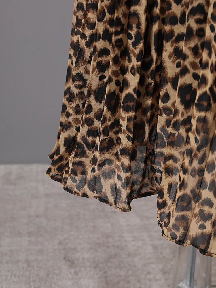 Women Brown Leopard Printed Rhinestones Long Dress New Round Neck Long Sleeve Fashion Tide Spring Autumn 2025 3WM2692