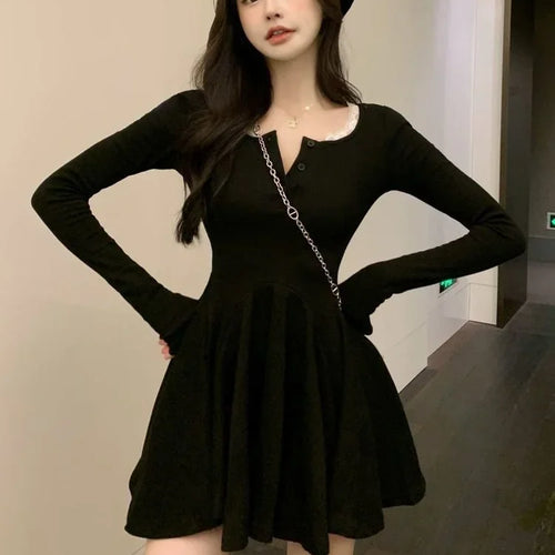 Load image into Gallery viewer, Knitted Black Wrap Dress Women Korean Style Bodycon Lace Long Sleeve Short Dresses Autumn Kpop Outfits Solid
