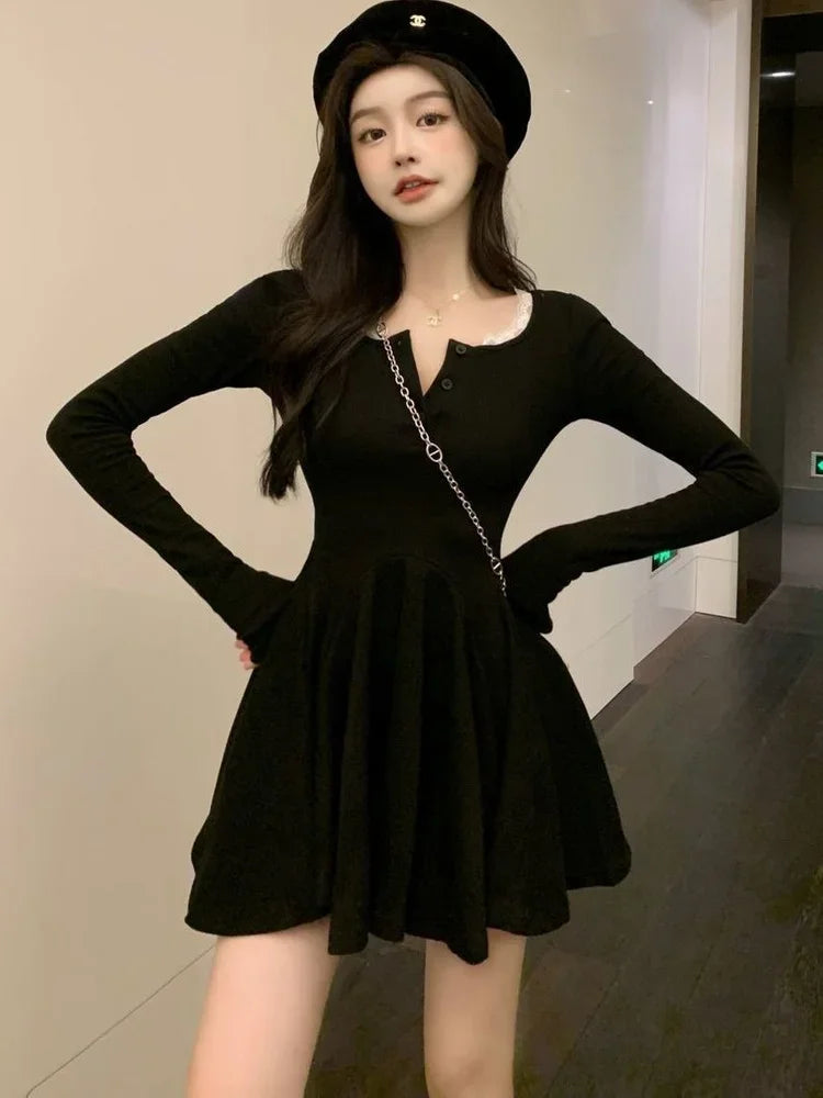 Knitted Black Wrap Dress Women Korean Style Bodycon Lace Long Sleeve Short Dresses Autumn Kpop Outfits Solid