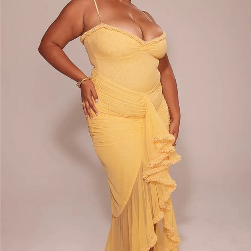 Load image into Gallery viewer, Ruffled Draped Ruched Sexy Maxi Dress For Women Yellow Spaghetti Strap Sleeveless Backless Club Party Sexy Long Dress
