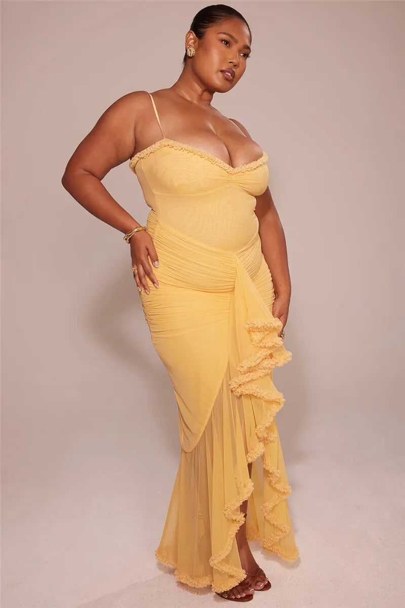 Ruffled Draped Ruched Sexy Maxi Dress For Women Yellow Spaghetti Strap Sleeveless Backless Club Party Sexy Long Dress