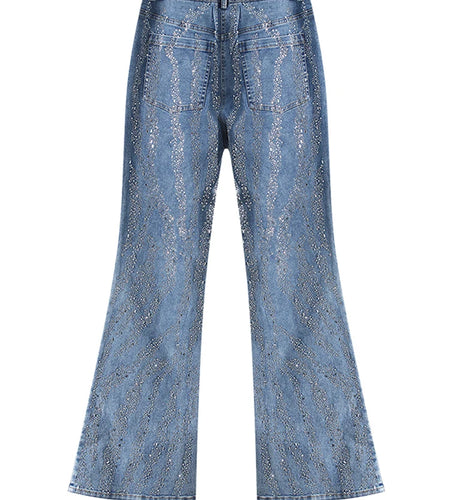 High Waist Blue Denim Long Rhinestones Shining Flare Jeans New Women Trousers Fashion Tide Spring Autumn 2025 7AB9027