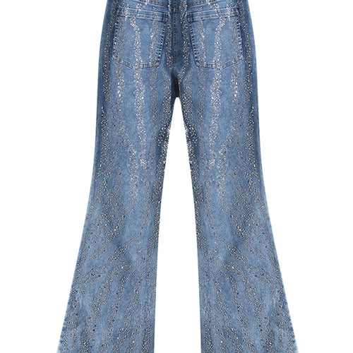 Load image into Gallery viewer, High Waist Blue Denim Long Rhinestones Shining Flare Jeans New Women Trousers Fashion Tide Spring Autumn 2025 7AB9027
