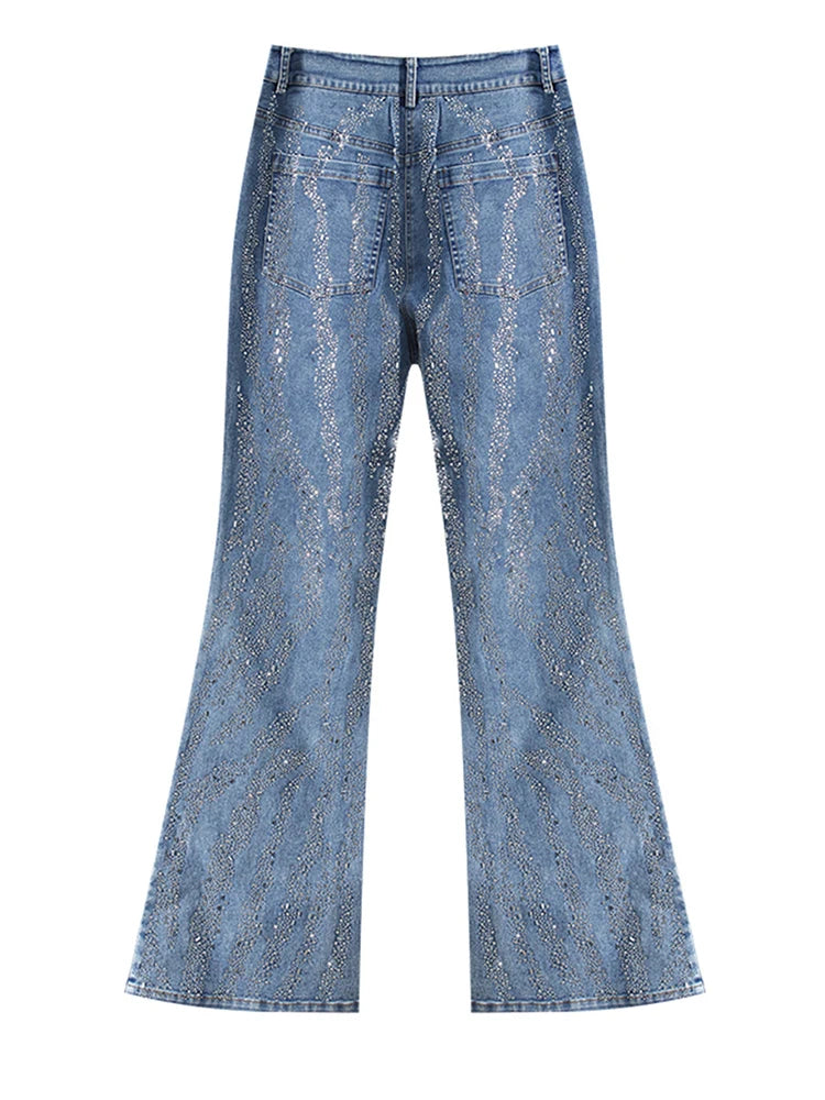 High Waist Blue Denim Long Rhinestones Shining Flare Jeans New Women Trousers Fashion Tide Spring Autumn 2025 7AB9027