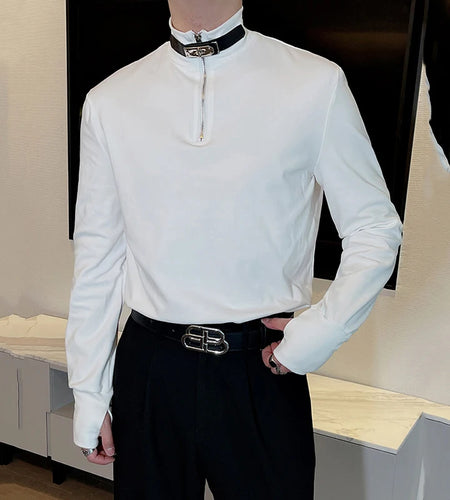 Men's Mock Neck T-shirt Long Sleeve Tees Solid Color Metal Zipper Design Leather Buckle Spring Business Casual 9W1417
