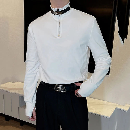 Load image into Gallery viewer, Men&#39;s Mock Neck T-shirt Long Sleeve Tees Solid Color Metal Zipper Design Leather Buckle Spring Business Casual 9W1417
