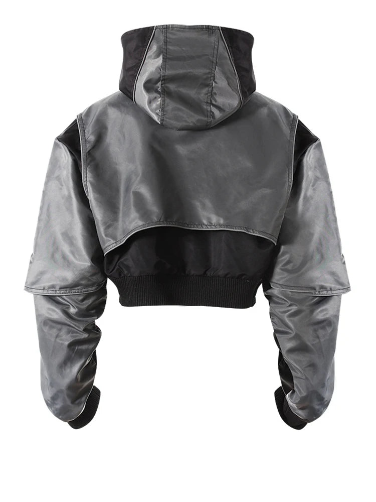 Gray Color-block Pleated Big Size Short Jacket New Hooded Long Sleeve Women Coat Fashion Tide Spring Autumn 2025  7AB4742