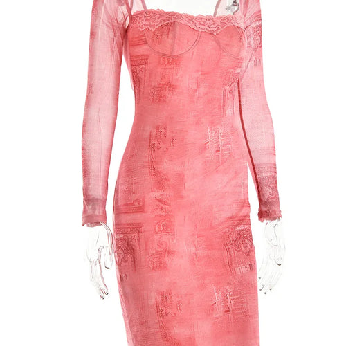 Load image into Gallery viewer, Long Sleeve Printed Dress for Women, Bodycon Lace Midi Dress, Elegant Party Evening Dress, Square Neck, Autumn, 2023
