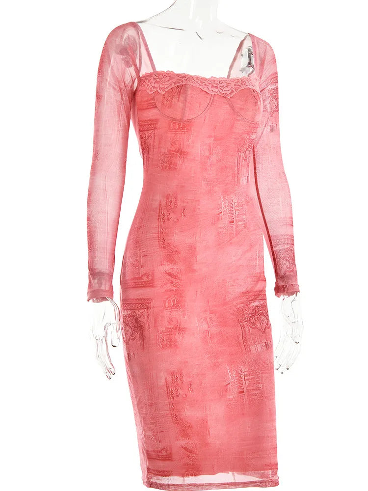 Long Sleeve Printed Dress for Women, Bodycon Lace Midi Dress, Elegant Party Evening Dress, Square Neck, Autumn, 2023