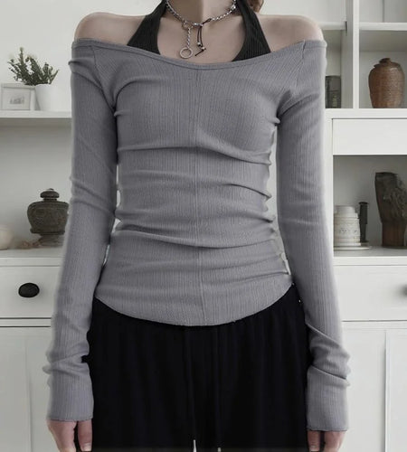 Fairy Grunge Top y2k Clothing Women Off Shoulder Long Sleeve Ribbed Halter Neck T Shirt 2000s Gothic Clothes Streetwear