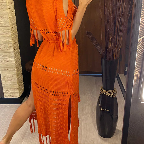 Load image into Gallery viewer, 3 Colors Fringe Tassel Knitted Crochet Tunic Beach Cover Up Beach Cover-ups Beach Dress Beach Wear Beachwear Female Women V3801
