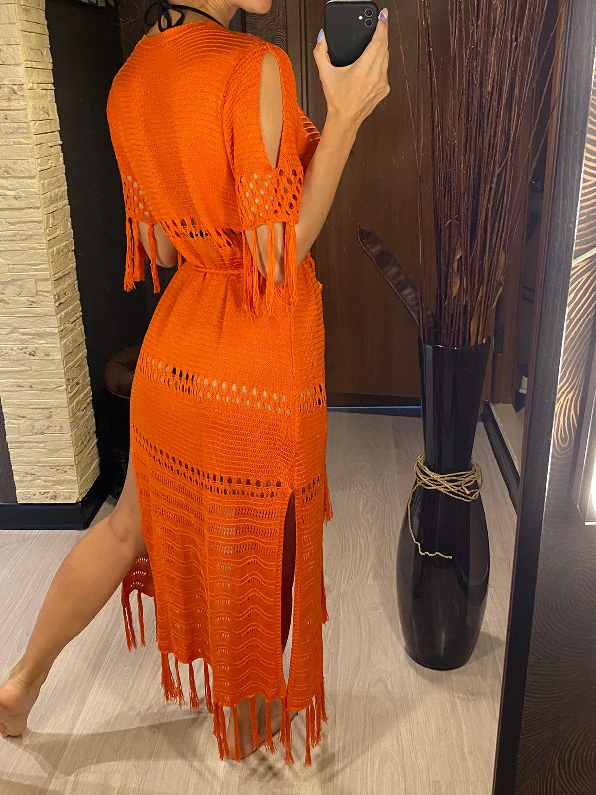 3 Colors Fringe Tassel Knitted Crochet Tunic Beach Cover Up Beach Cover-ups Beach Dress Beach Wear Beachwear Female Women V3801