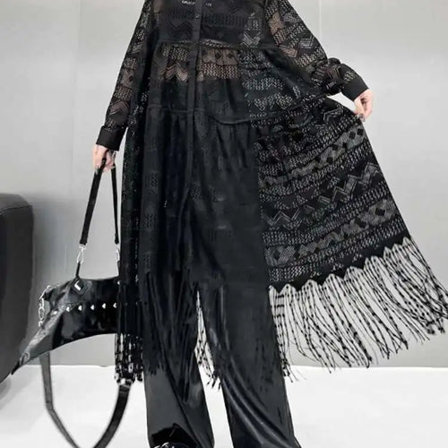 Load image into Gallery viewer, Women Black Lace Jacquard Perspective Big Size Shirt Dress New Lapel Long Sleeve Fashion Tide Spring Autumn 2025 1DH894201

