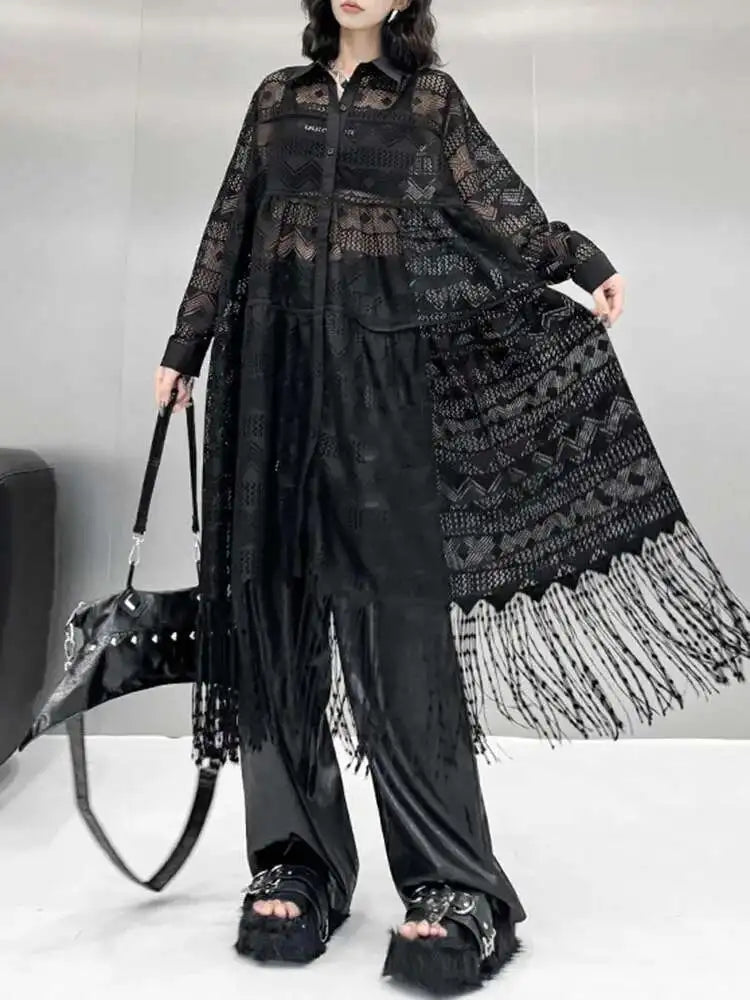 Women Black Lace Jacquard Perspective Big Size Shirt Dress New Lapel Long Sleeve Fashion Tide Spring Autumn 2025 1DH894201