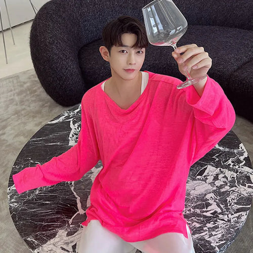 Load image into Gallery viewer, Summer Knit One Line Neck Long Sleeve T-shirt Translucent Solid Color Korean Fashion Round Neck Male Tops 9A3955
