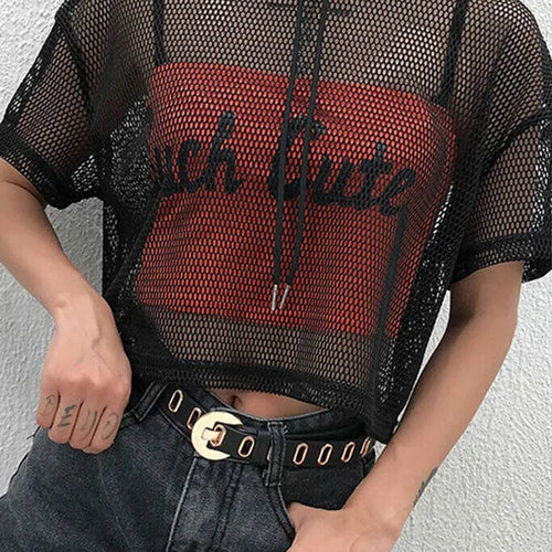 Load image into Gallery viewer, Womens Hollow Mesh Net Hooded T-Shirt Short Sleeve Tee Tops Transparent Black Swxy Clubwear Party
