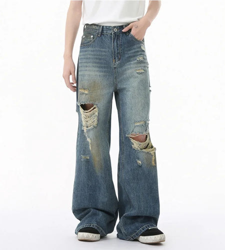 Summer Men's Jeans New American Style Distressed Trend Hole Design Fashion Casual Straight Male Botooms Leg Worn-out 9W1680