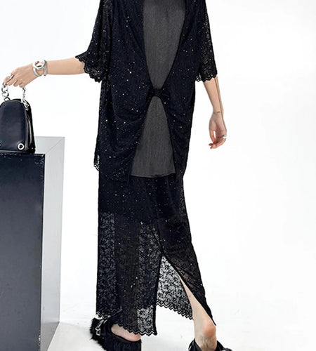 Black Lace T-shirt Back Slit Skirt Two Pieces Suit New Round Neck Short Sleeve Women Fashion Spring Summer 2025 1DJ1159