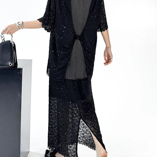 Load image into Gallery viewer, Black Lace T-shirt Back Slit Skirt Two Pieces Suit New Round Neck Short Sleeve Women Fashion Spring Summer 2025 1DJ1159
