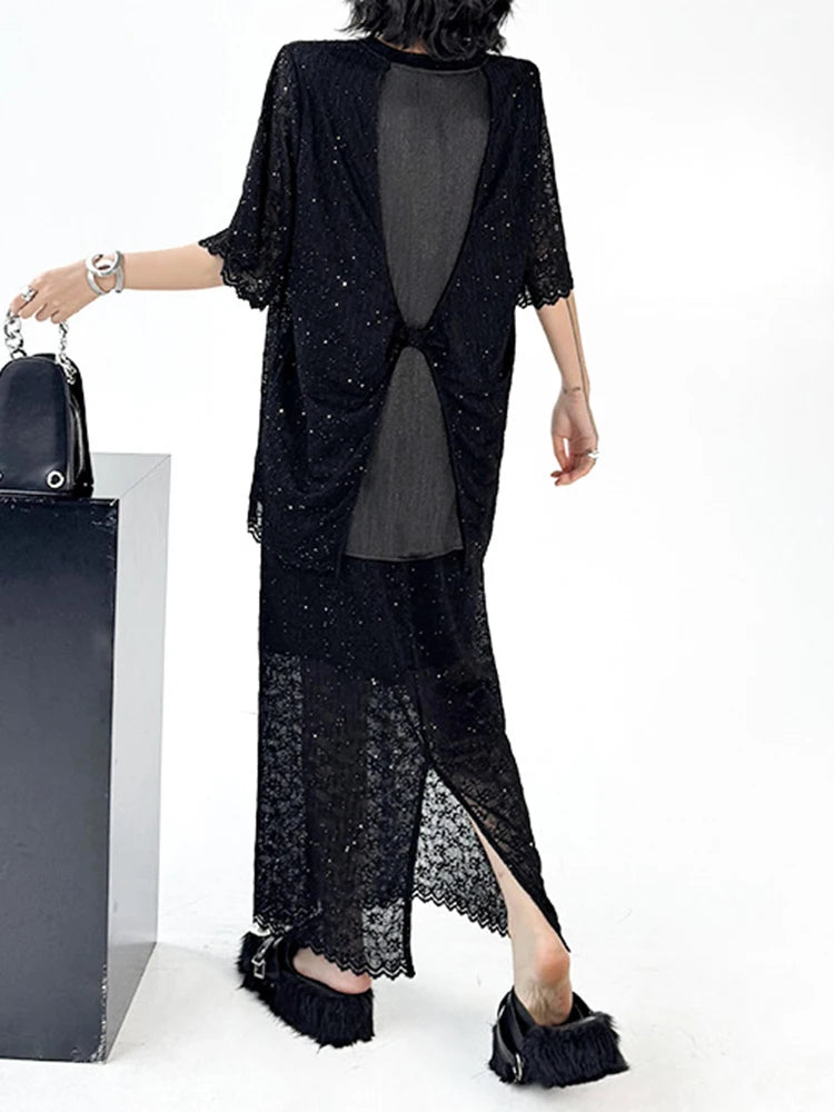 Black Lace T-shirt Back Slit Skirt Two Pieces Suit New Round Neck Short Sleeve Women Fashion Spring Summer 2025 1DJ1159