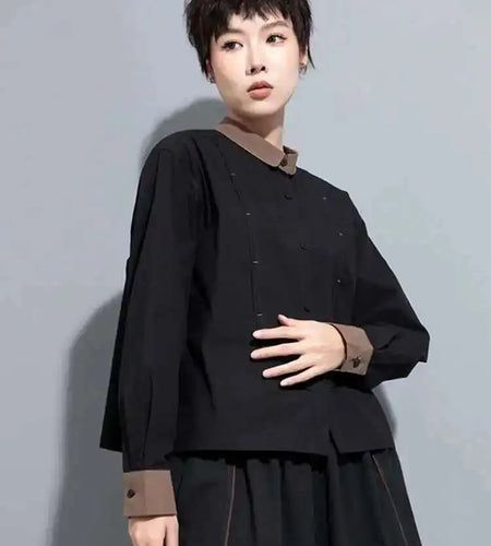 Women Black Color-block Big Size Blouse New Lapel Long Sleeve Loose Fit Shirt Fashion Tide Spring Autumn 2025 1DH0847