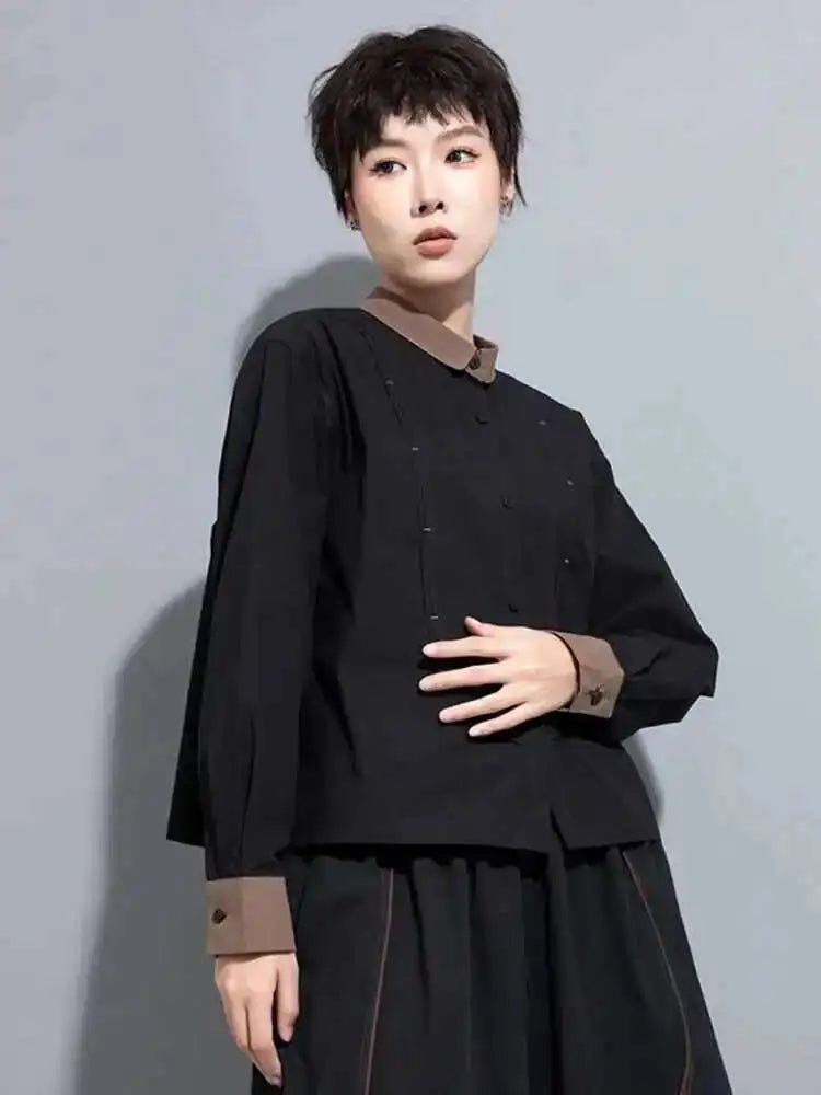 Women Black Color-block Big Size Blouse New Lapel Long Sleeve Loose Fit Shirt Fashion Tide Spring Autumn 2025 1DH0847