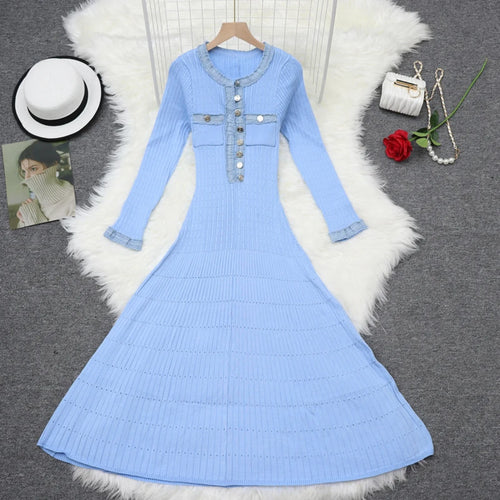 Load image into Gallery viewer, Autumn 2024 New Women's Black White Blue Patchwork Single Breasted Knitted Dress French Elegant Festival Long Sleeve Dress Trend
