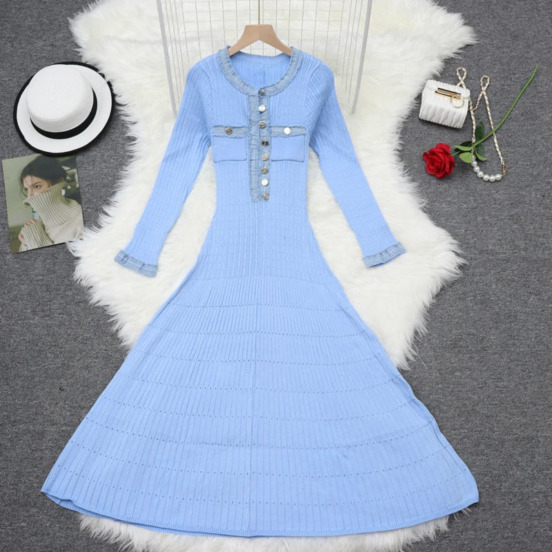 Autumn 2024 New Women's Black White Blue Patchwork Single Breasted Knitted Dress French Elegant Festival Long Sleeve Dress Trend