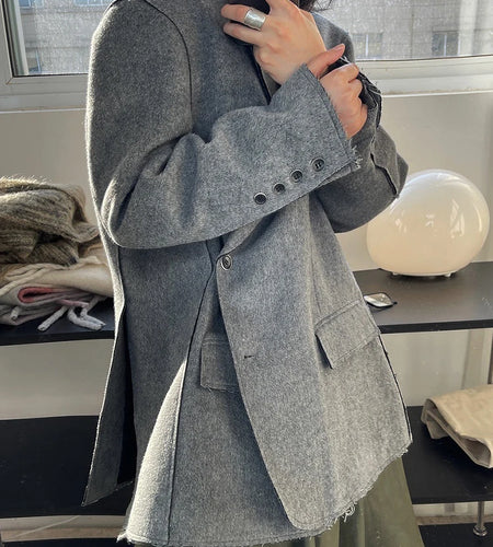 Gray Irregular Side Button Big Size Woolen Coat New Lapel Long Sleeve Women Jacket Fashion Tide Autumn Winter 2025 25A8452