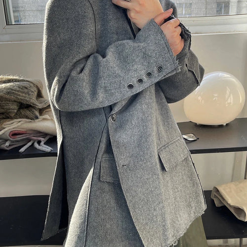 Load image into Gallery viewer, Gray Irregular Side Button Big Size Woolen Coat New Lapel Long Sleeve Women Jacket Fashion Tide Autumn Winter 2025 25A8452
