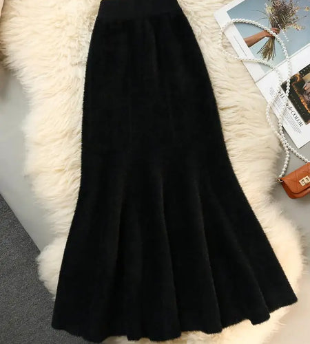 French Fashion Vintage Women Solid Ruffle Edge Knitted Fishtail Long Skirt 2024 Autumn Winter Elegant High Waist Pleated Skirts
