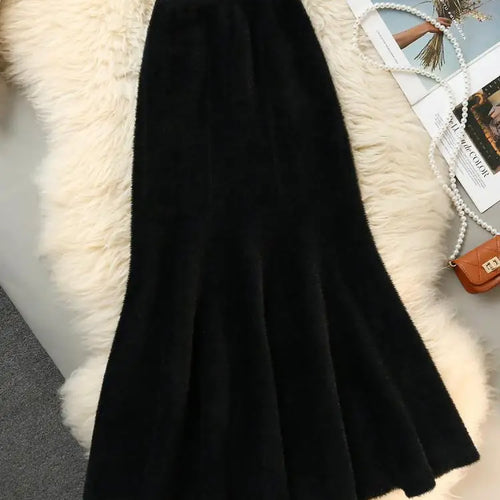 Load image into Gallery viewer, French Fashion Vintage Women Solid Ruffle Edge Knitted Fishtail Long Skirt 2024 Autumn Winter Elegant High Waist Pleated Skirts
