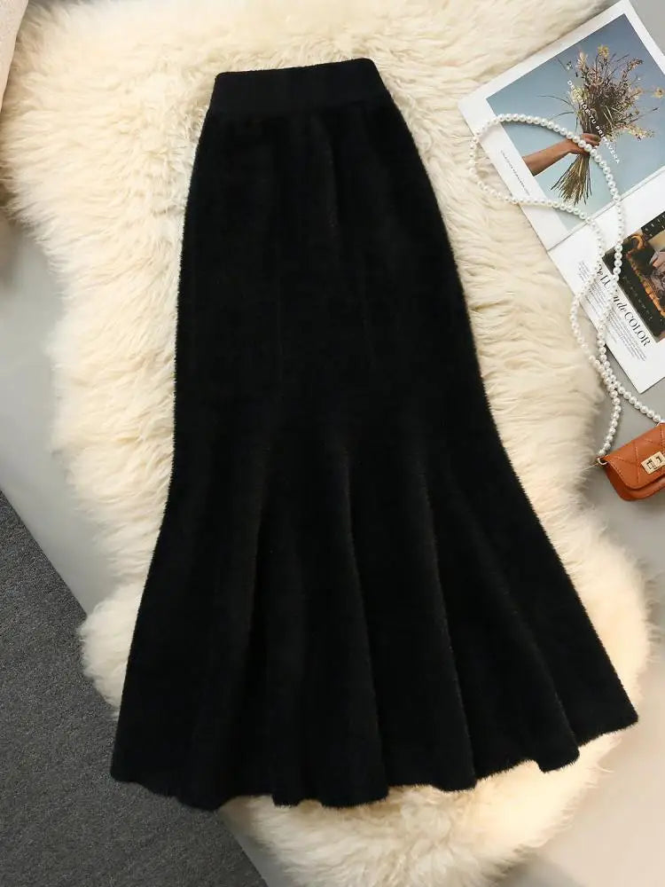French Fashion Vintage Women Solid Ruffle Edge Knitted Fishtail Long Skirt 2024 Autumn Winter Elegant High Waist Pleated Skirts